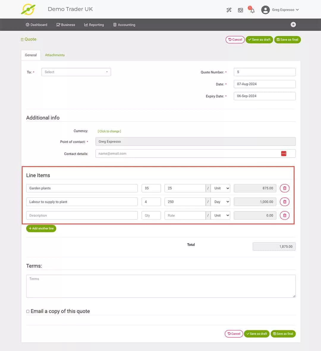 Image of the quote form with several line items added, including descriptions, quantities, and prices.