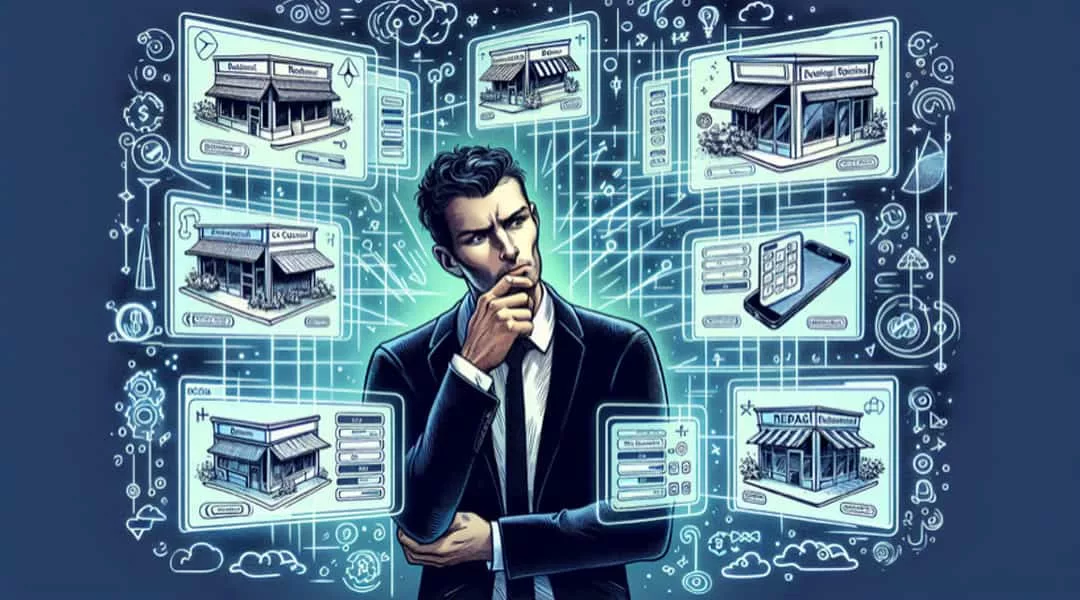 Illustration of a business owner considering different software plans for their business type