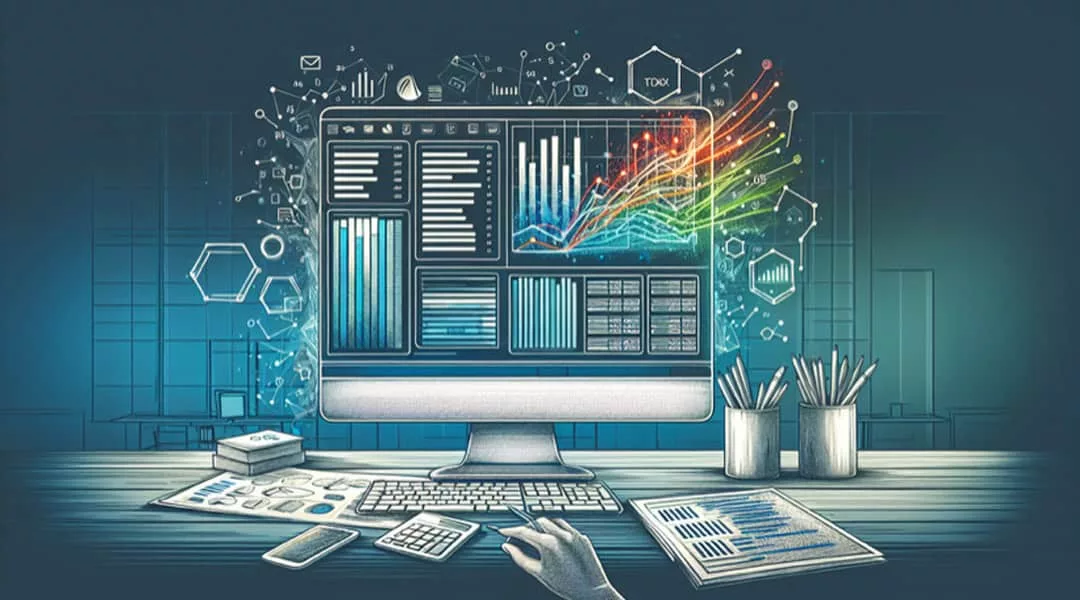 Illustration of tax preparation process using accounting software for financial reports and sales tax calculations