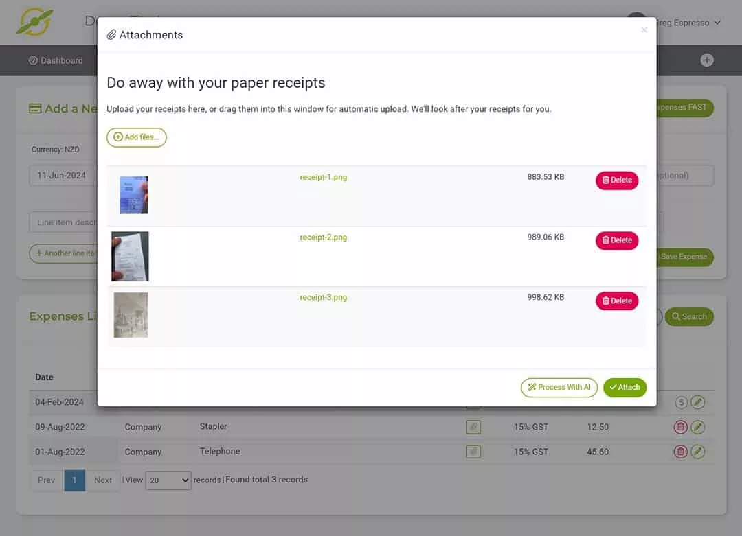 multi AI receipt uploader to create expenses in joy pilot