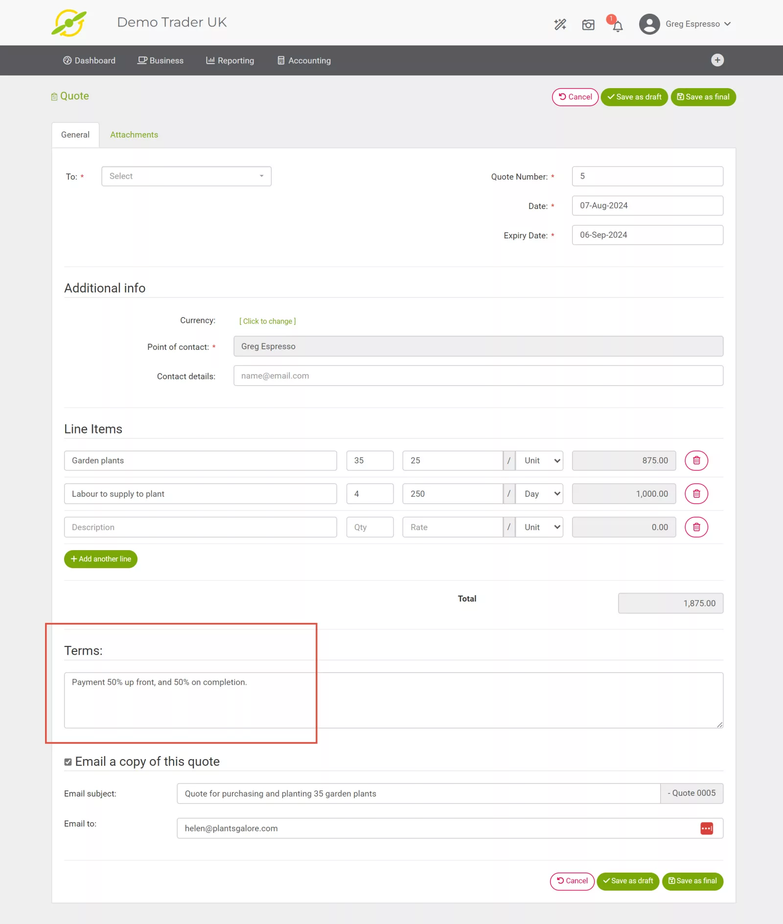 Image of the quote form with the "Terms" section expanded, showing options for customising payment terms and other details.
