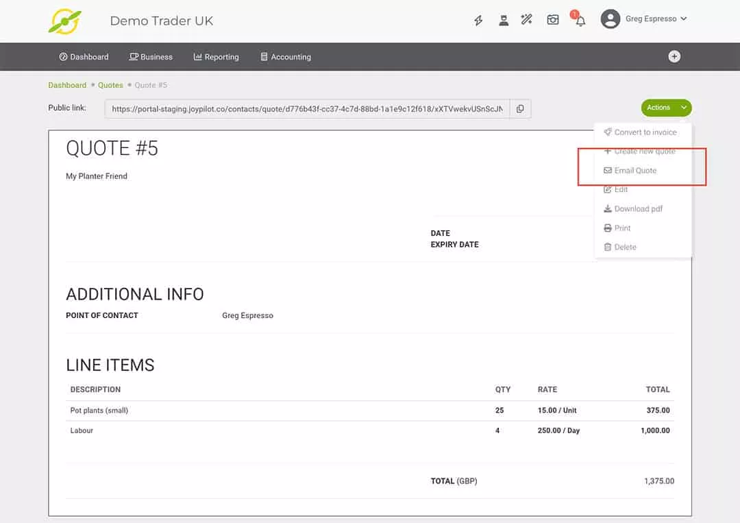 Image of the quote preview screen with the "Send to Client" button highlighted.