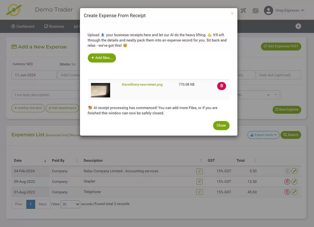 AI receipt uploader for creating an expense in joy pilot