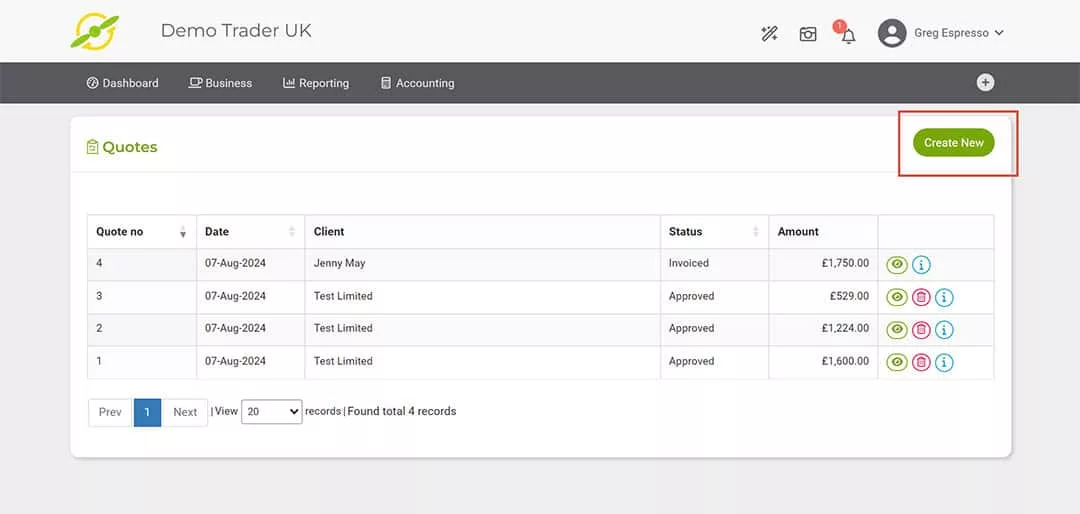 Image of the Joy Pilot dashboard with the "Create New Quote" button highlighted.