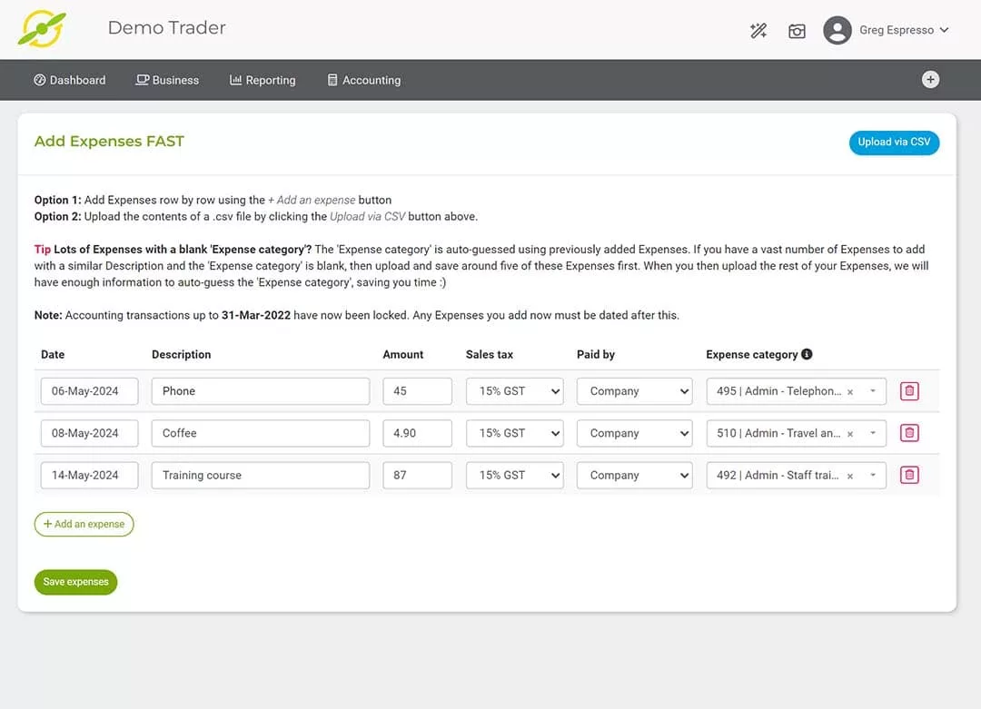 add multiple expenses quickly in joy pilot accounting software
