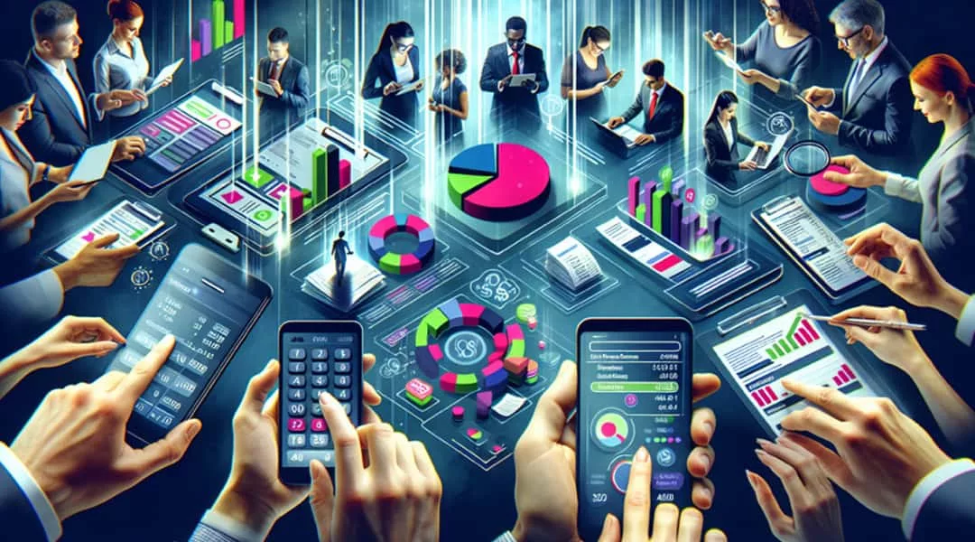 Illustration of small business owners using accounting software for invoicing and expense tracking