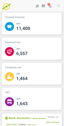 snapshot of part of the dashboard page, where you land when you log in as displayed in Joy Pilot accounting software for contractors, freelancers and sole traders 