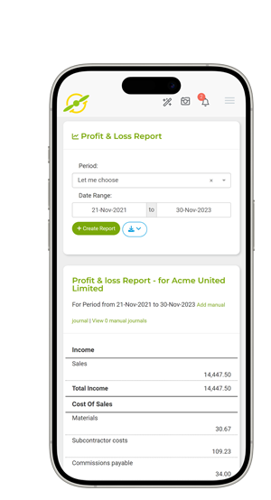iphone showing profit and loss report from joy pilot accounting software