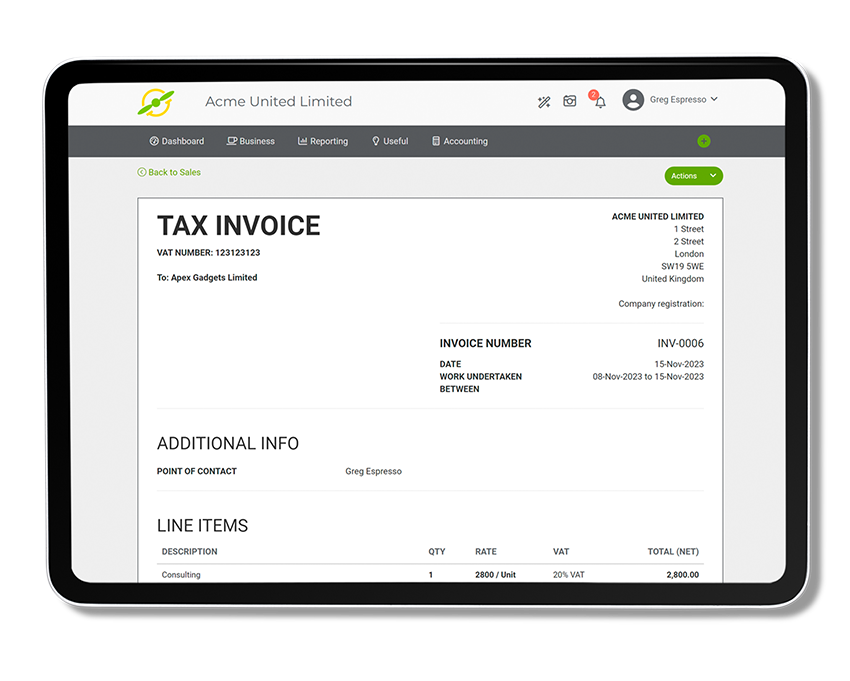 ipad showing a completed invoice using the invoicing sales function of joy pilot accounting software