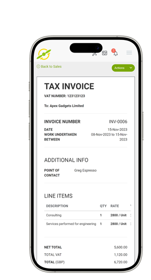 iphone showing completed tax invoice using joy pilot accounting software